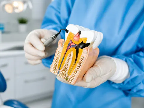 Dentist holding a tooth model that shows the root canals